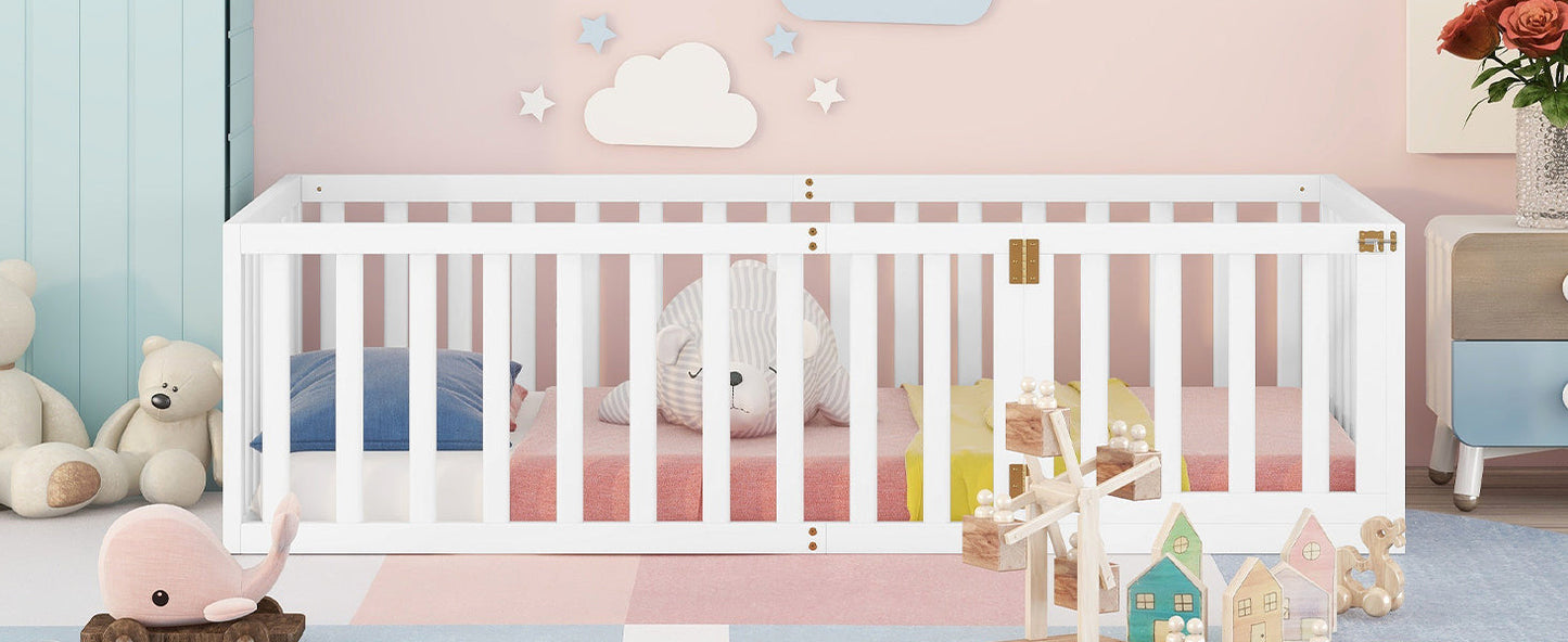 Twin Size Wood Floor Bed Frame with Fence and Door, White(OLD SKU