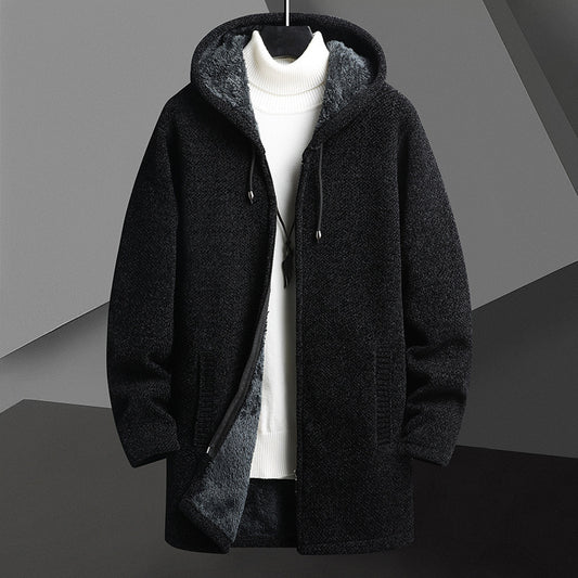 Fall Winter Men Fleece-lined Mid-length Zipper Hooded Sweater Cardigan