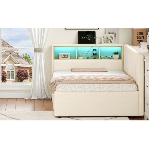 3ft Single Daybed With Two Storage Drawers, LED Modern Bed Frame With Charging Station