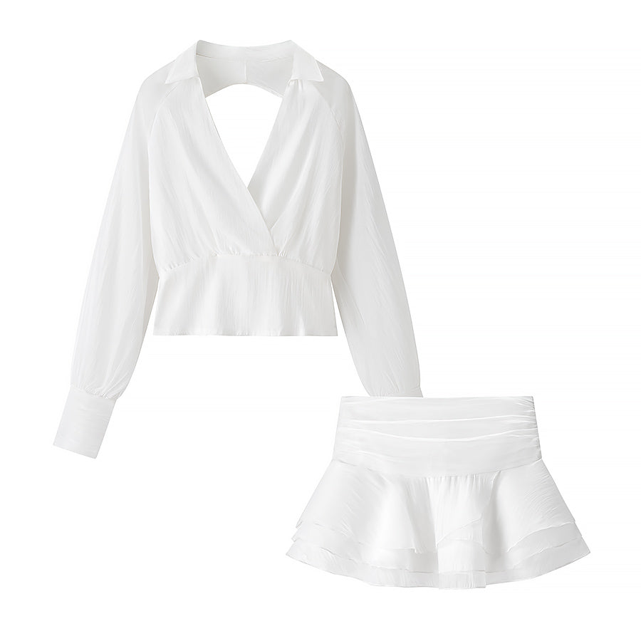 Vintage Collared Edge Deep V Plunge neck Long Sleeve Waist Short Shirt
