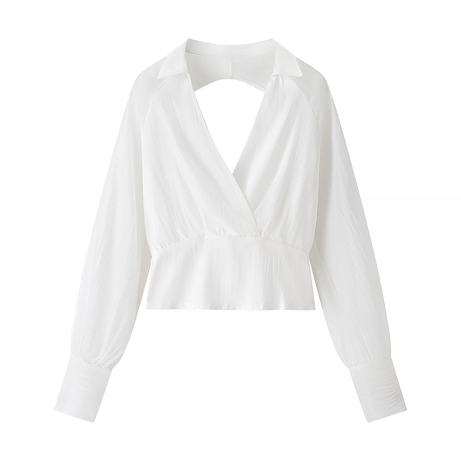 Vintage Collared Edge Deep V Plunge neck Long Sleeve Waist Short Shirt