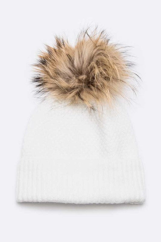 Large Natural Fur Pom Soft Beanie