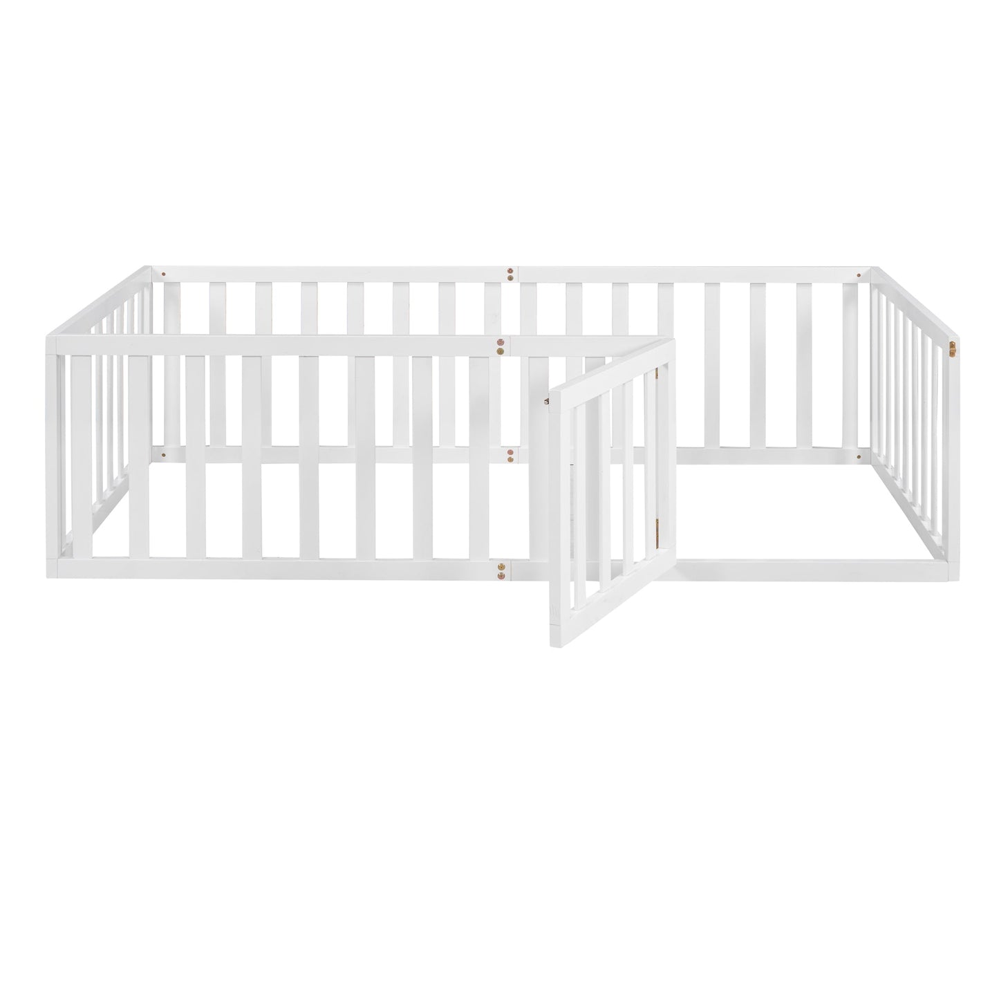 Twin Size Wood Floor Bed Frame with Fence and Door, White(OLD SKU