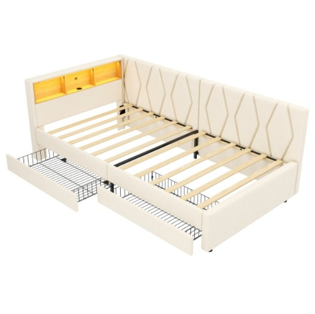 3ft Single Daybed With Two Storage Drawers, LED Modern Bed Frame With Charging Station