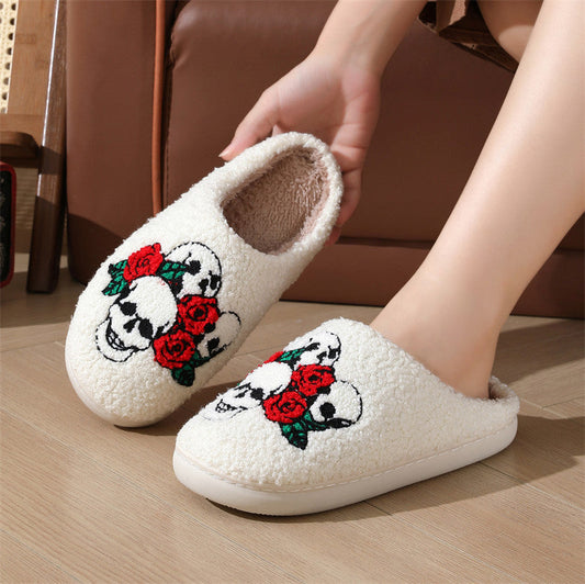 Halloween Skull Rose Slippers Winter Warm Indoor Floor Bedroom Home