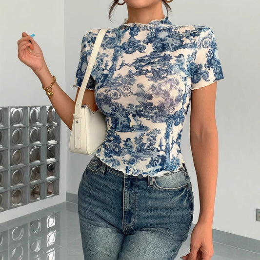 Elegant Mesh Floral Print Top For Women