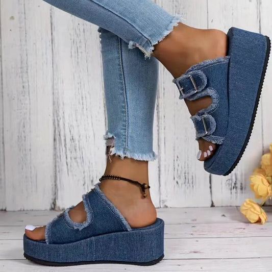 Fashion Denim Buckle Wedges Sandals Summer Outdoor High Heel Slippers