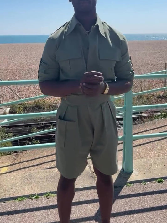 Army Green Long Sleeve Pocket Shirt & High Waist Shorts Set