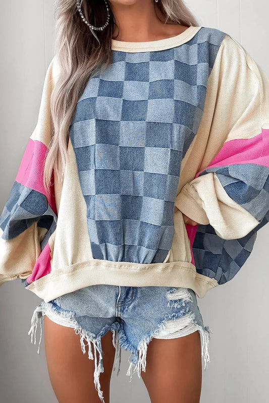 Oversized Checkered Denim Casual Sweatshirt