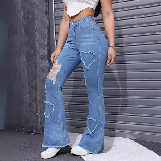 Casual Heart-shaped Ripped Stretch Flared Jeans
