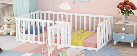 Twin Size Wood Floor Bed Frame with Fence and Door, White(OLD SKU