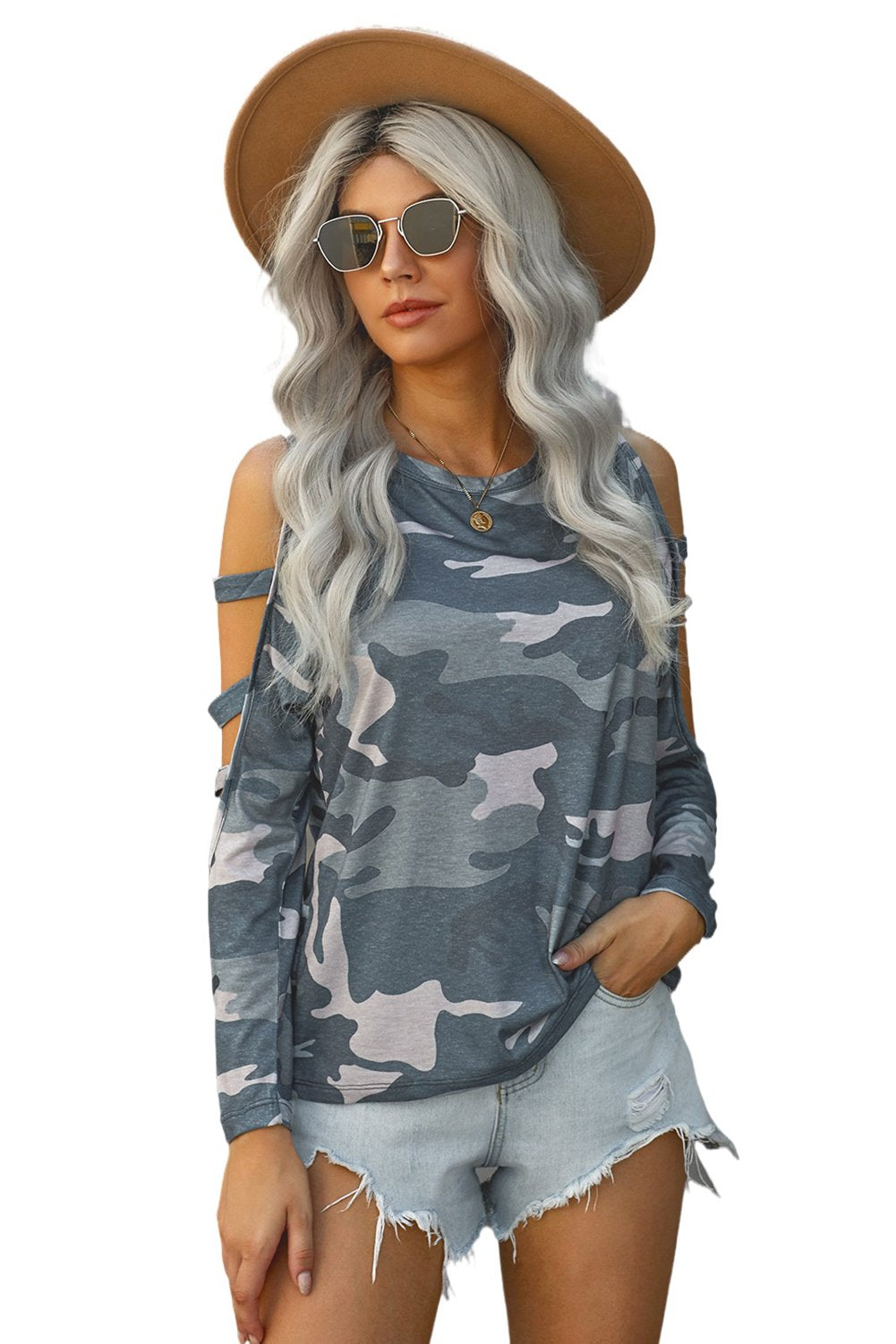 Camouflage Shoulder To Hollow Out Long Sleeve Top