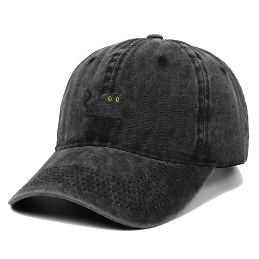 Black Cat Embroidered Washed Baseball Cap Sun Hat