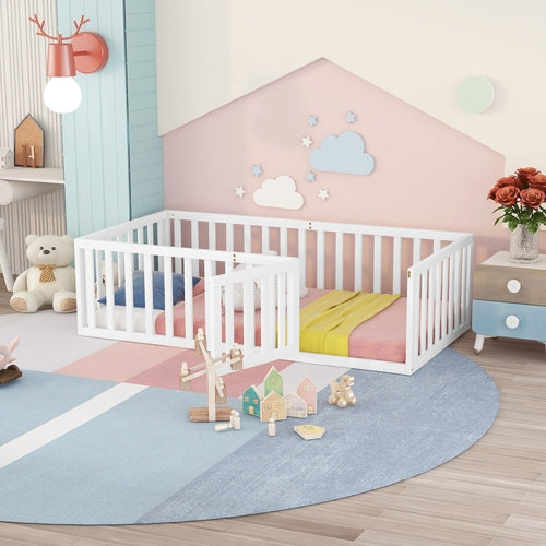 Twin Size Wood Floor Bed Frame with Fence and Door, White(OLD SKU