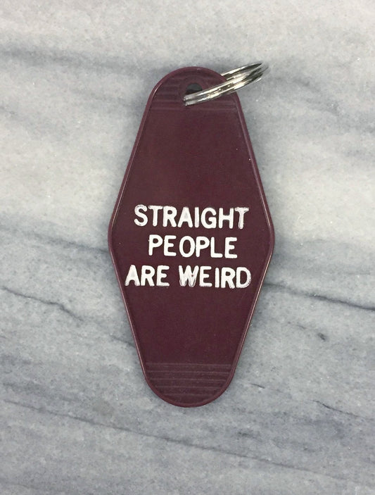 Straight People Are Weird Motel Style Keychain in Dark Red | LGBTQIA
