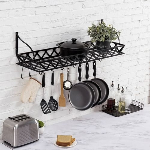 Black Metal Rectangular Wall Mounted Kitchen Pot Rack with 12 Hanging