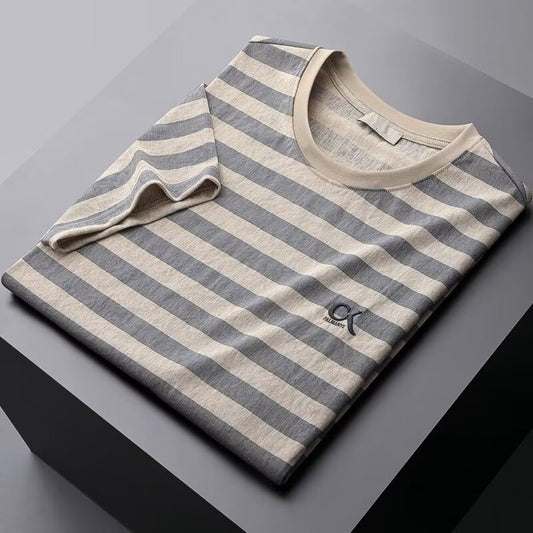 Striped Ice Silk Linen-like Short Sleeve Men's Slim Fit