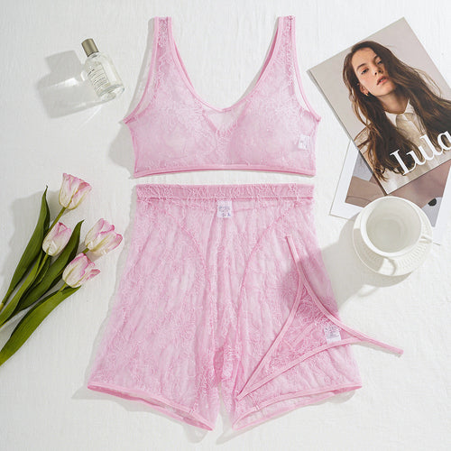 Pink Lace See through Casual Vest Shorts Body Shaping Sexy Three Piece