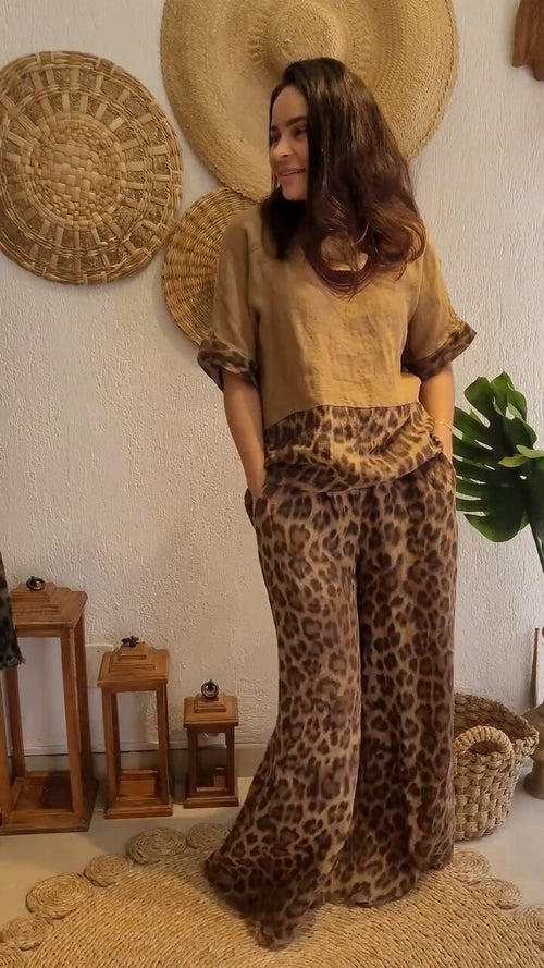 Women Clothing Loose Stitching Short Sleeve Top High Waist Wide Leg