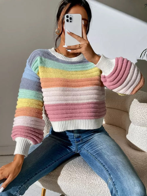 Autumn Winter Elegant Elegant Spliced Sweater Rainbow Striped Lantern