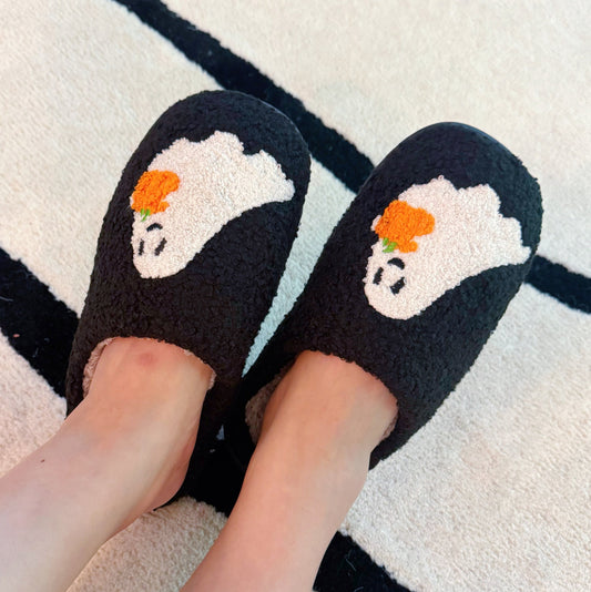 Spooky Ghost Cozy Slippers – Soft Black Slippers with Cute Ghost and