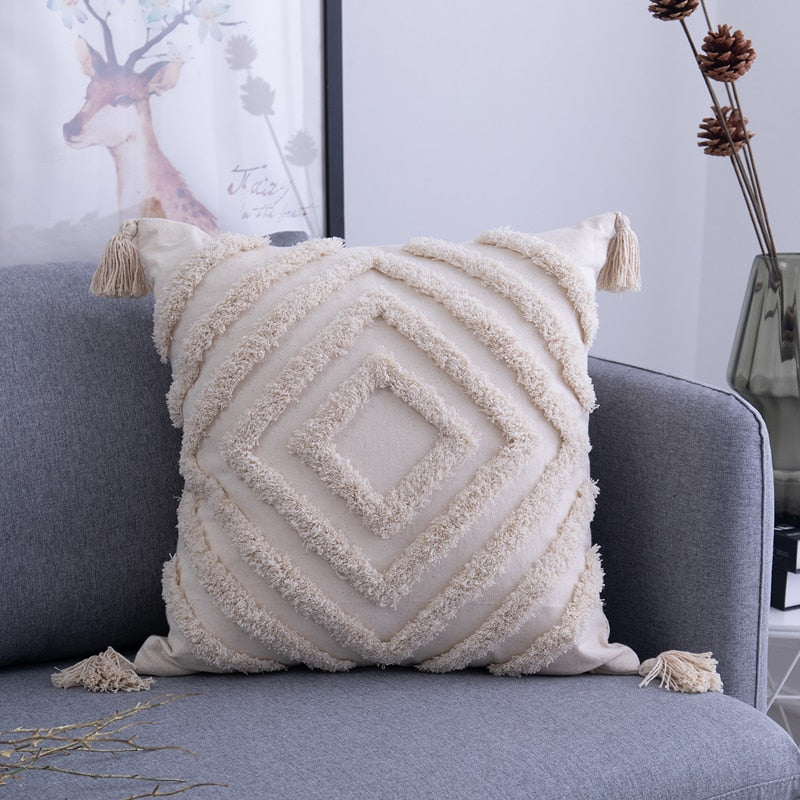 Tassels Cushion Cover 45x 45cm/30x50cm Beige Pillow Cover Handmade