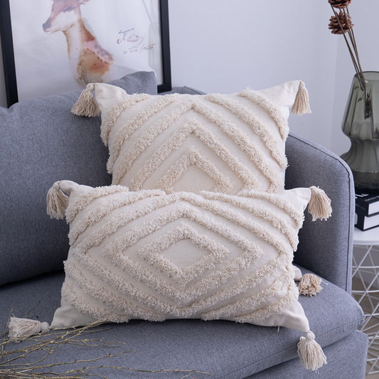 Tassels Cushion Cover 45x 45cm/30x50cm Beige Pillow Cover Handmade