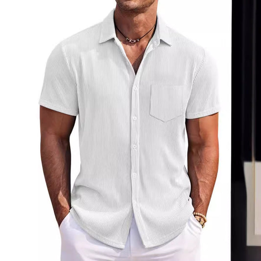 Solid Color Loose Vertical Striped Men's Short-sleeved Shirt