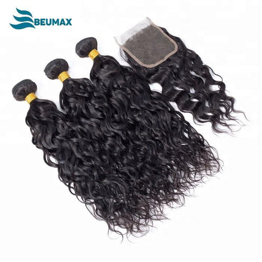 10A Grade 3/4 Water Wave Human Hair bundles with 4x4 Closures & 13x4