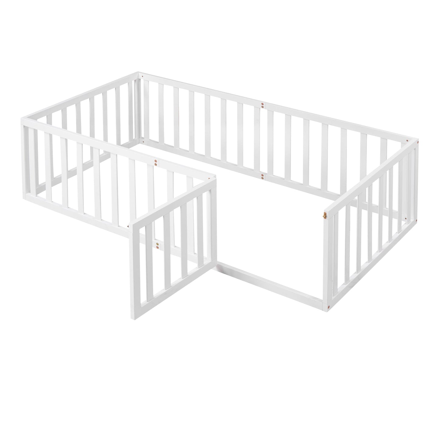 Twin Size Wood Floor Bed Frame with Fence and Door, White(OLD SKU