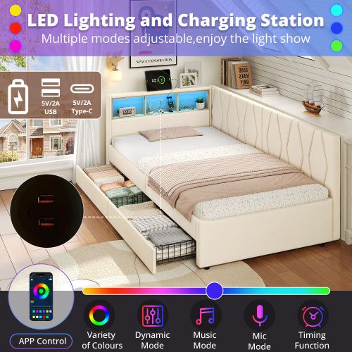 3ft Single Daybed With Two Storage Drawers, LED Modern Bed Frame With Charging Station