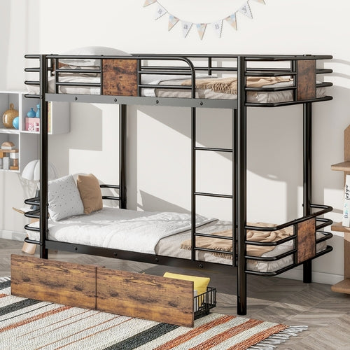 Twin XL over Twin XL Metal Bunk Bed with MDF Board Guardrail and Two
