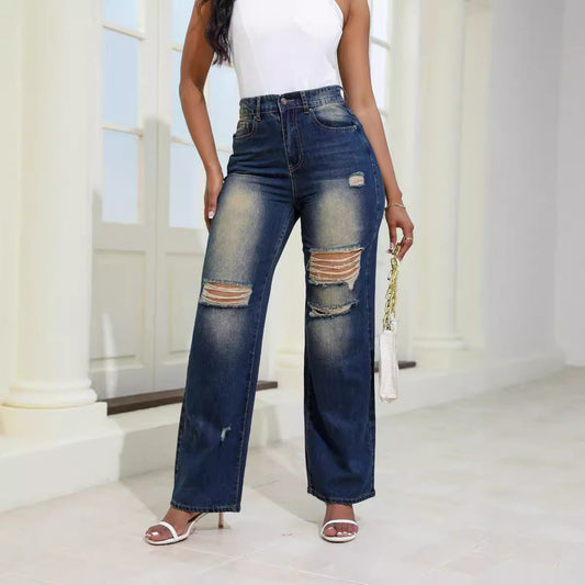 Fashion High Waist Ripped Jeans With Pockets Comfortable Slim Fit