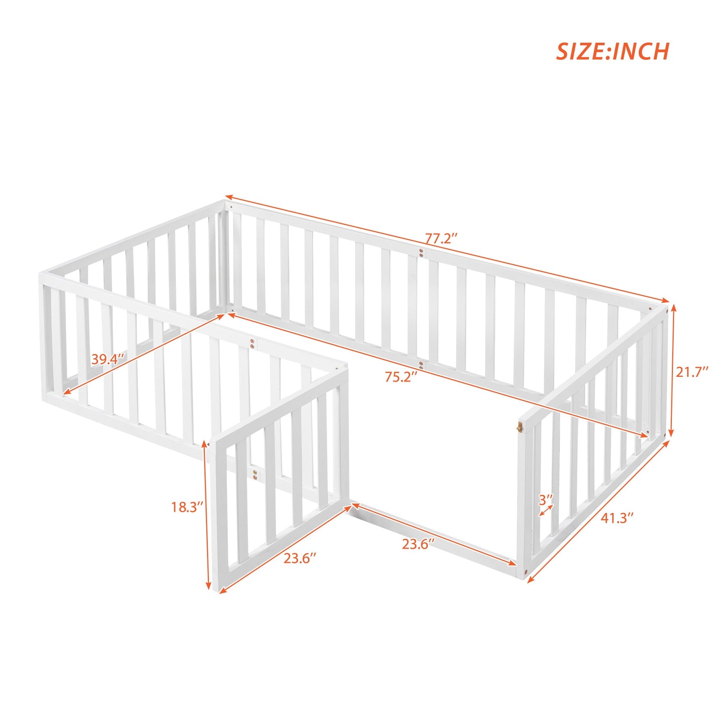 Twin Size Wood Floor Bed Frame with Fence and Door, White(OLD SKU