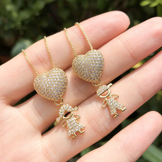 Fashion Jewelry Son Daughter Heart Gold Color Cubic Zirconia Family