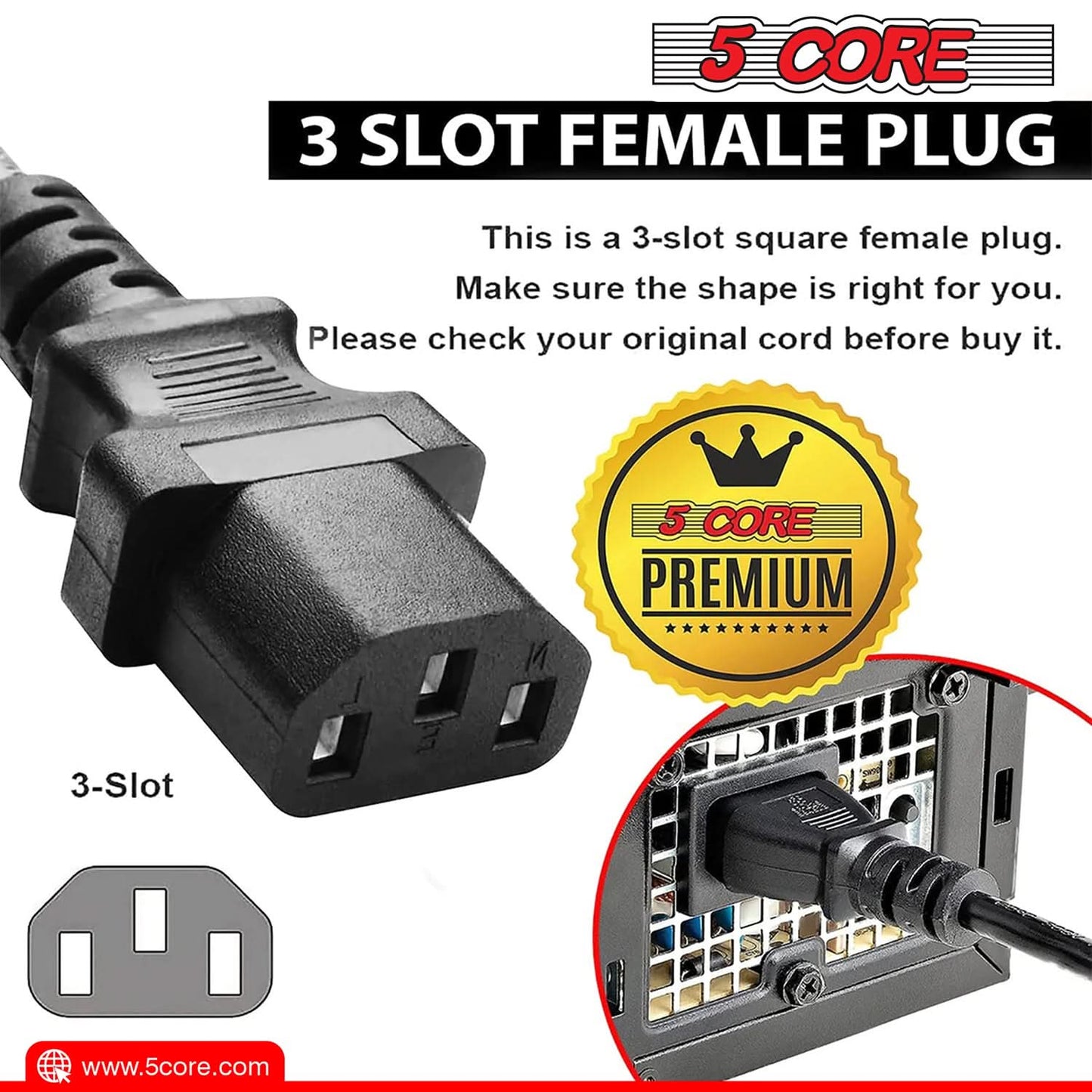 5Core AC Power Cord 6 Ft 3 Prong US Male - Female Extension Adapter