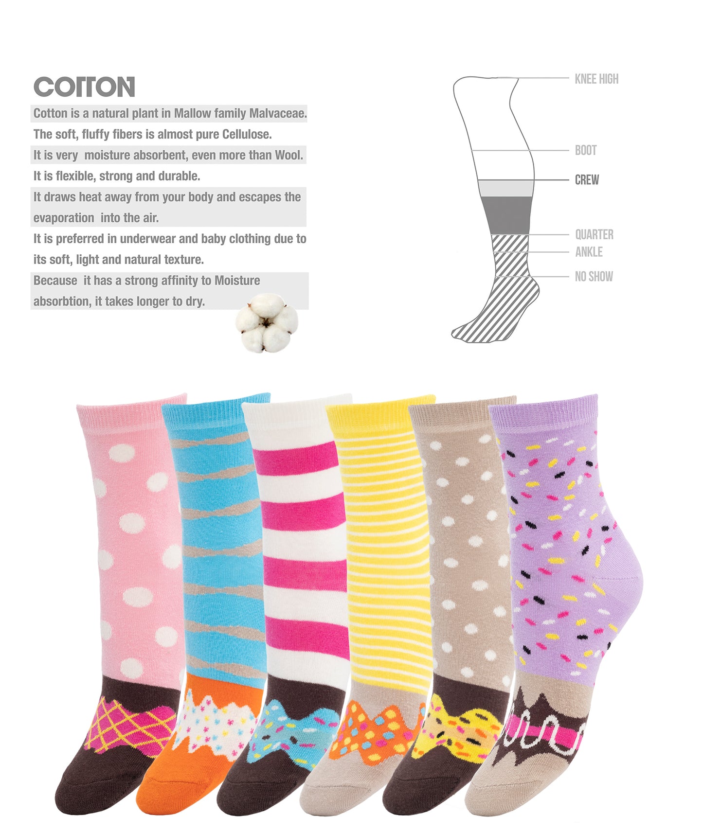 Women's Donut Socks Gift Box Colorful & Soft Cotton Crew Socks 6 pack