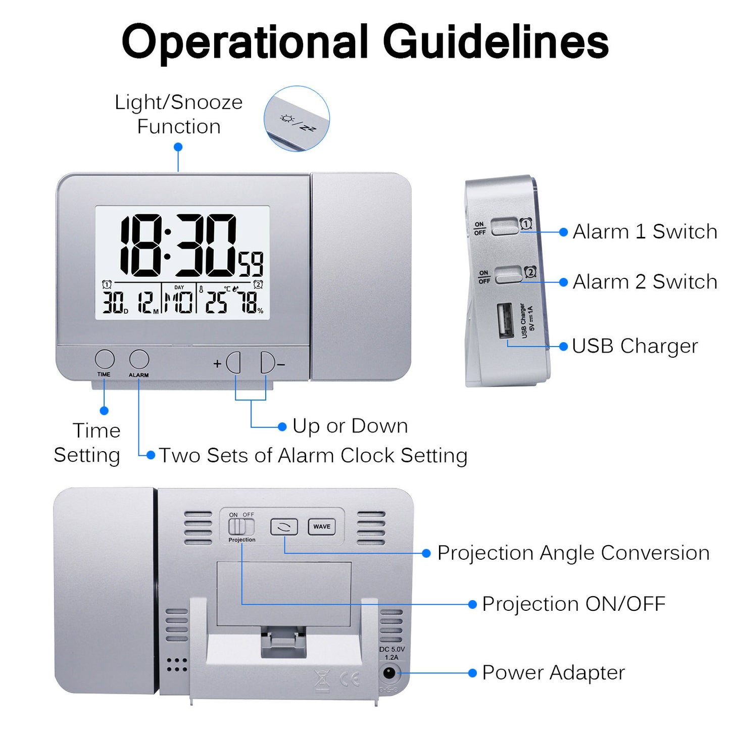 LED Display Projector Clock with Backlight Rotate