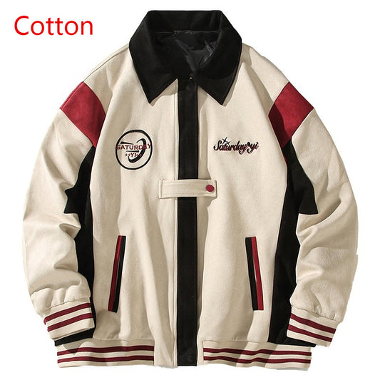 American Retro Color Block Embroidery Turn-down Collar Coat