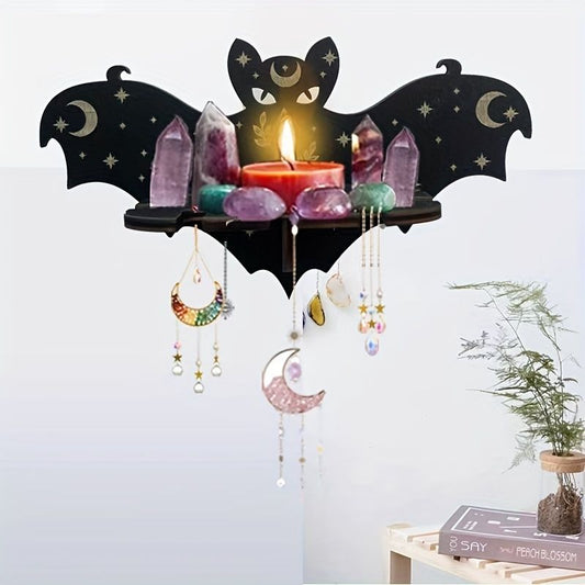 1pc Rustic Wooden Bat Crystal Floating Shelf - Wall Hanging Decorative