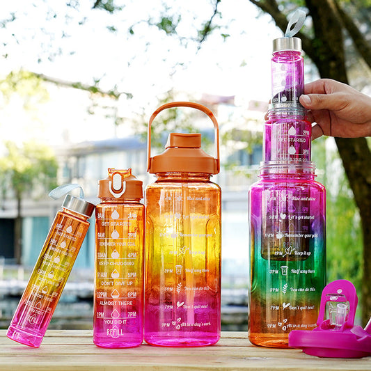 3-in-1 Gradient Color Motivational Water Bottles Set Plastic Straw