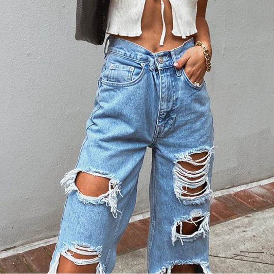 Women's American Retro Hole-punched Jeans Women High Waist