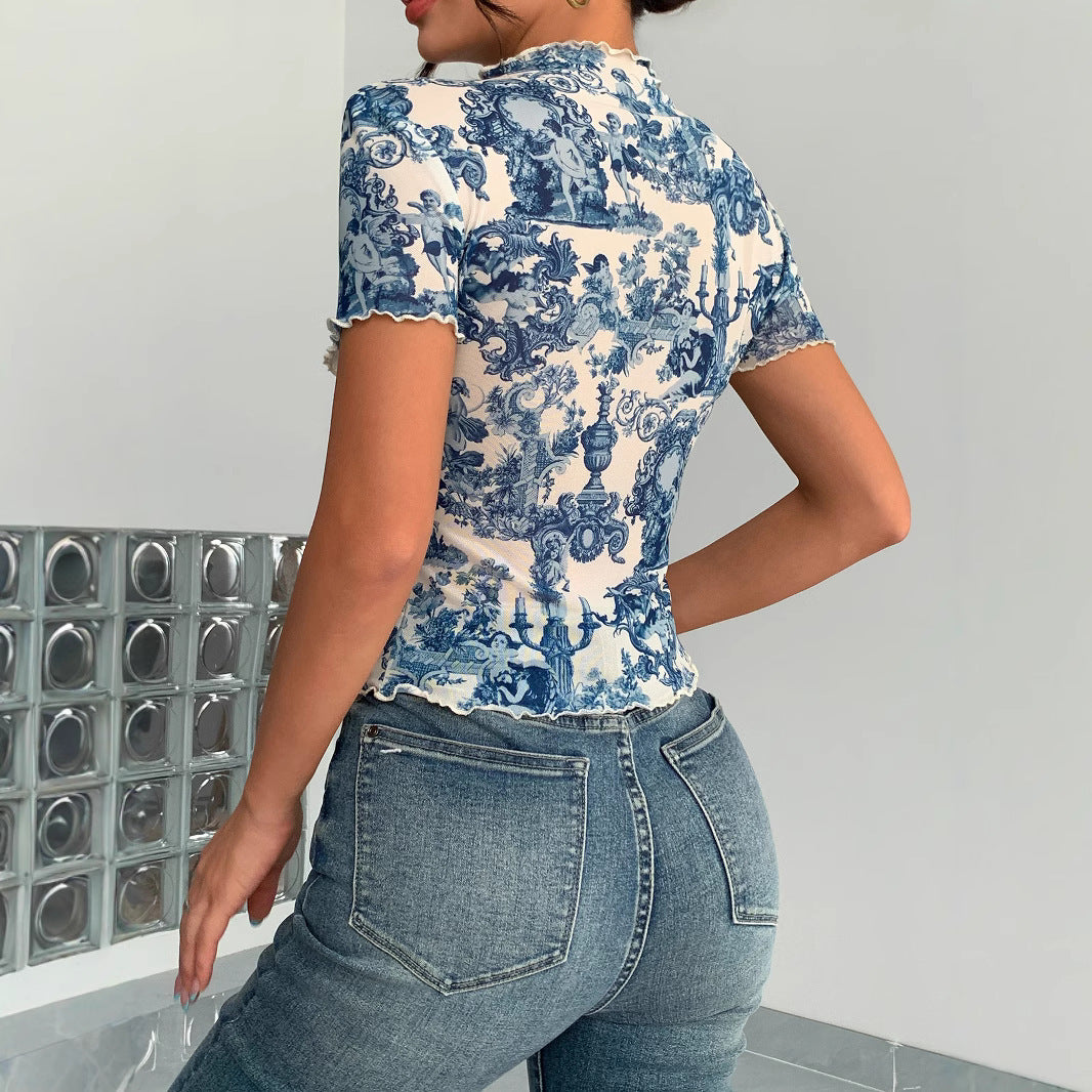 Elegant Mesh Floral Print Top For Women