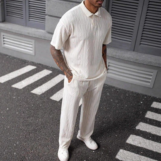 Jacquard Texture Polo Shirt Men's Short-sleeved Trousers Casual Two-piece Suit