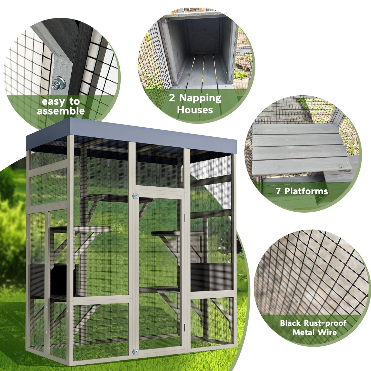 62.6' Outdoor Wooden Catio for Cats, Large Cat Enclosure with
