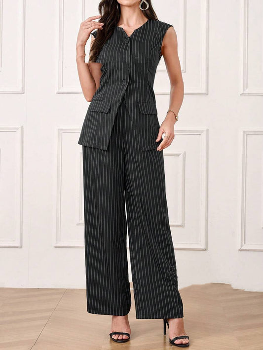 Casual Striped Short Style Lapel Suit Straight-leg Pants Suit