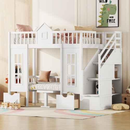 Twin-Over-Twin Bunk Bed with Changeable Table, Bunk Bed Turn into