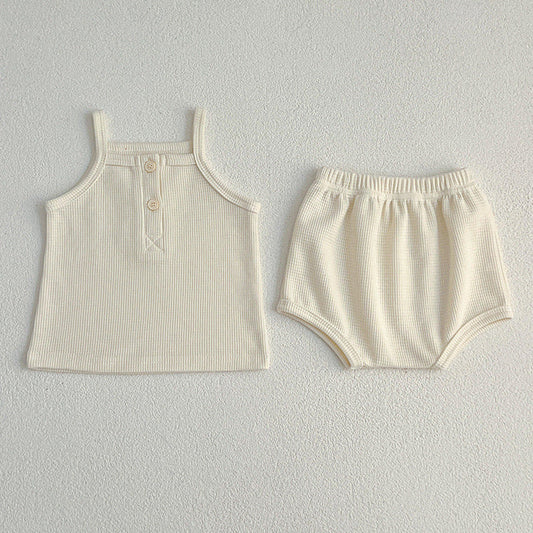 Summer Baby Kids Waffle Grid Sleeveless Vest And Bloomers Sets And