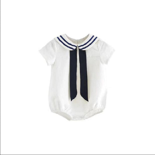 Baby Girl Solid Color Neck Striped Pattern Japan Style Navy Onesies