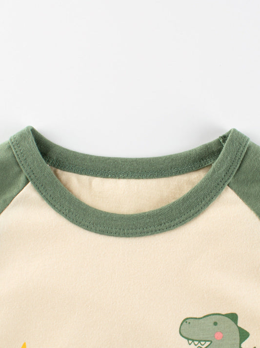 Autumn Baby Boys Cartoon Print Color Patchwork Long Sleeves Crew Neck